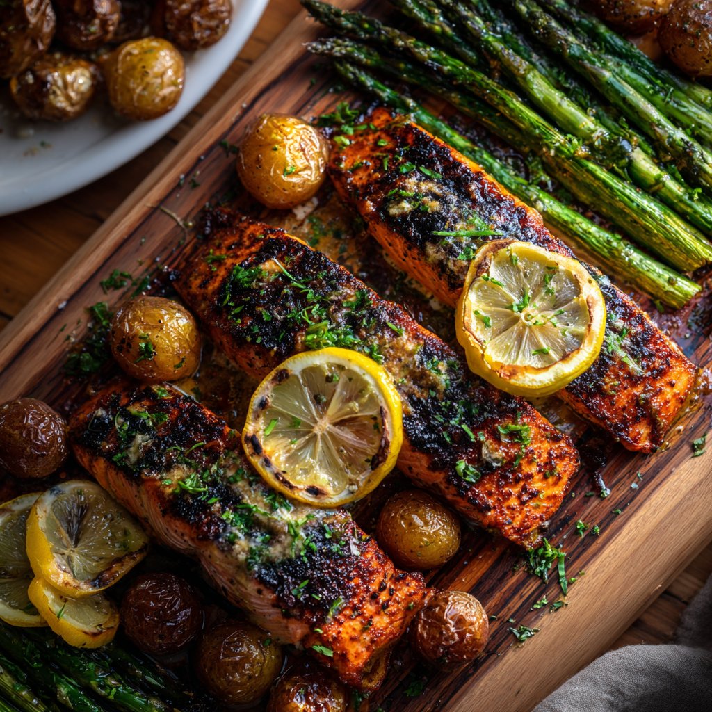 Lemon Butter Salmon with Crispy Potatoes and Asparagus